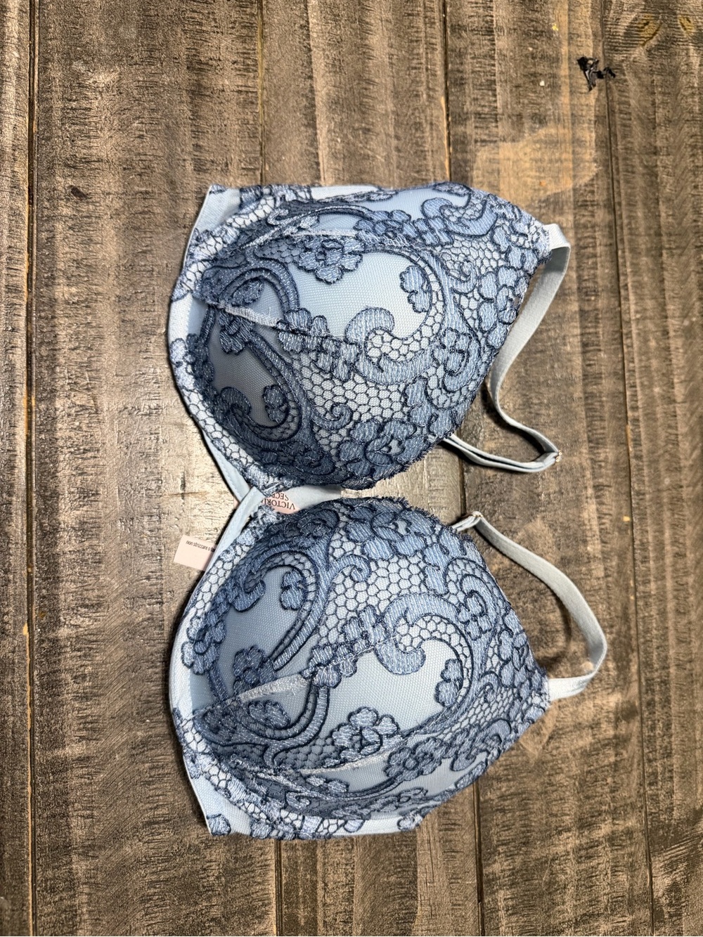Victoria's Secret Pale Blue Bra with Navy Lace Overlay
